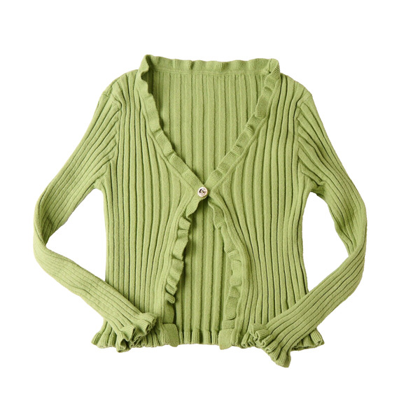 Y2K Women Ribbed Cardigan Sweater Green Knit Ruffle Cottage Coquette Soft Retro - Picture 1 of 7
